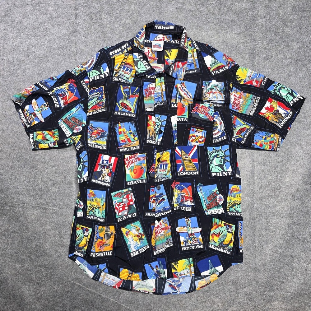 Planet Hollywood All Over Print Cities Camp Shirt Mens Size XL Made USA‎ 90s